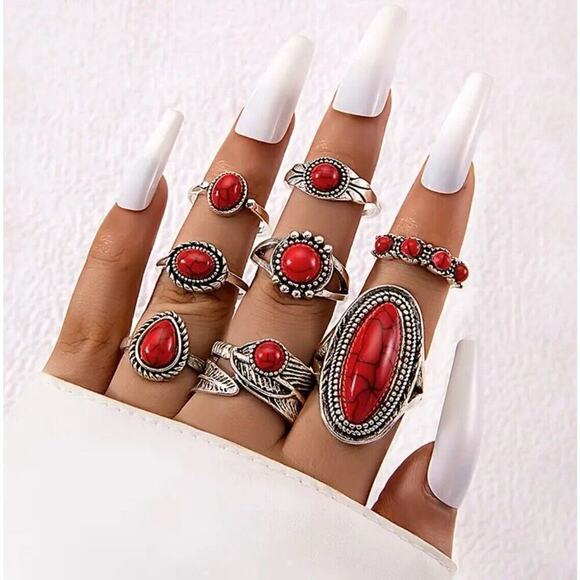 RED Bohemian 8 PC Ring Set Native Navajo Choctaw Western Boho NEW - Picture 1 of 2